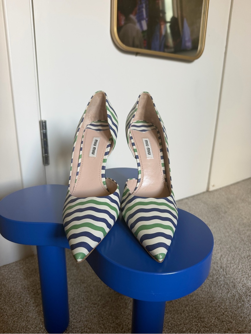 Miu Miu Navy, Green & White Wave-Print Pointed Pumps